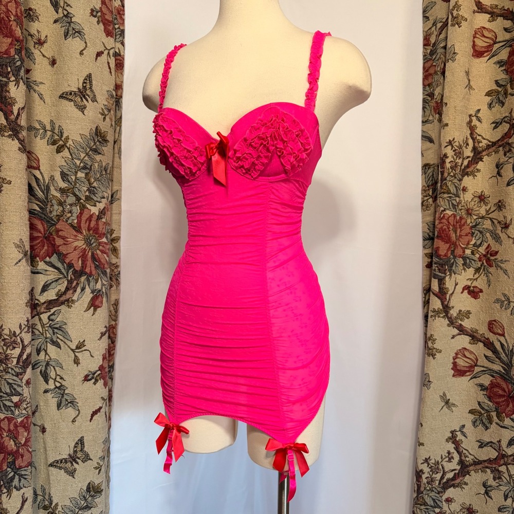 VICTORIAS SECRET Hot Pink Mesh Ruffle Slip Dress with bow and floral detailing